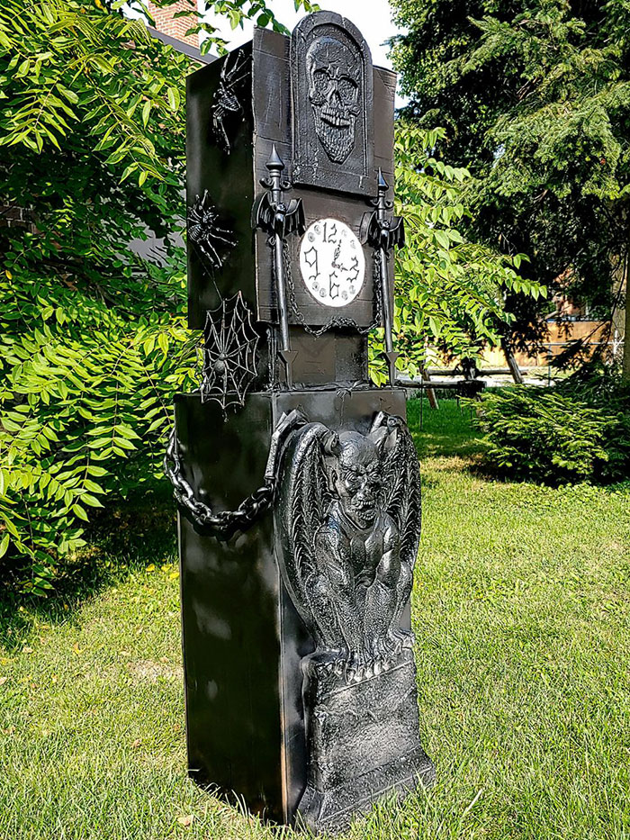 I Glued Empty Cardboard Boxes Together, Glued Dollar Tree Plastic Halloween Decor All Over It, And Spray Painted It All Black