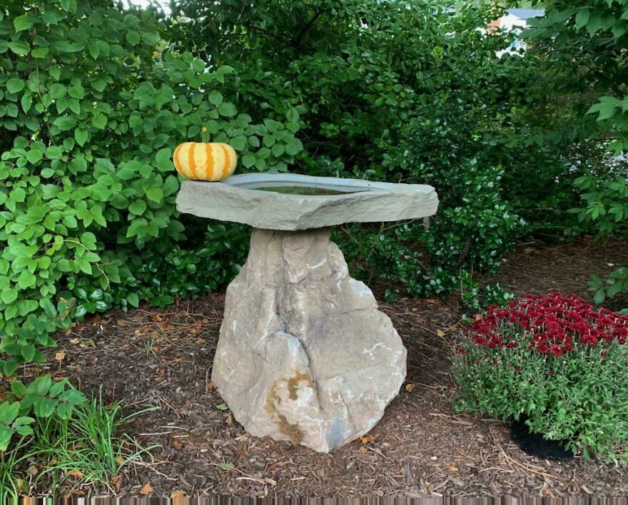 Bird Bath, Made From A Craggy And Mossy Boulder Found On The Side Of A Mountain