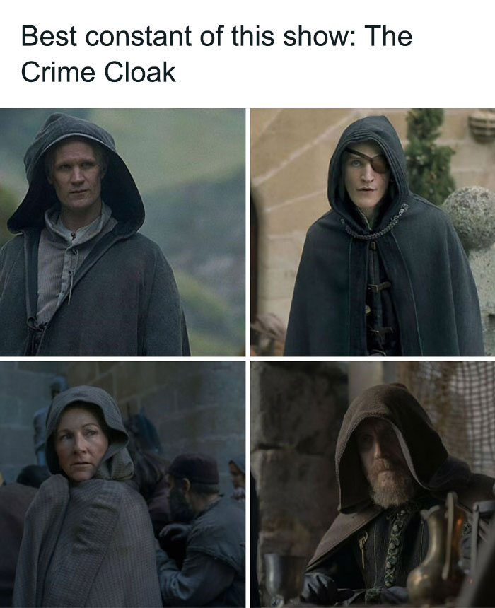 Characters from House of the Dragon wearing cloaks referred to as "The Crime Cloak" in a humorous meme.