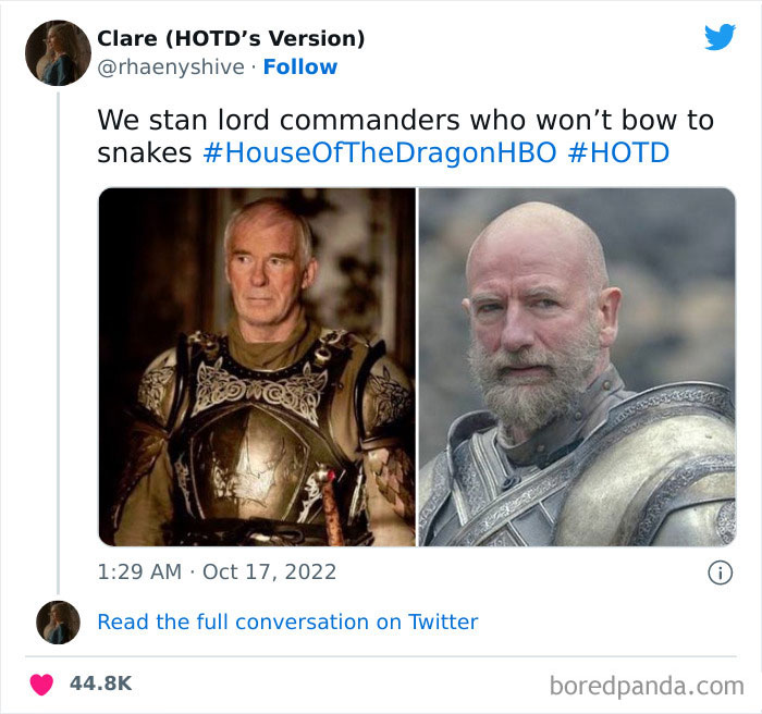 Two stern men in armor featured in a meme related to House Of The Dragon, highlighting lord commanders.