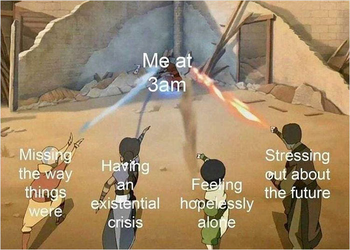 Cartoon characters facing overwhelming life stress like existential crisis and future worries, symbolizing being tired.