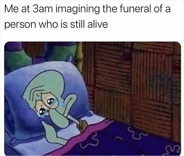Tired character lying in bed at night, looking overwhelmed and imagining a funeral.