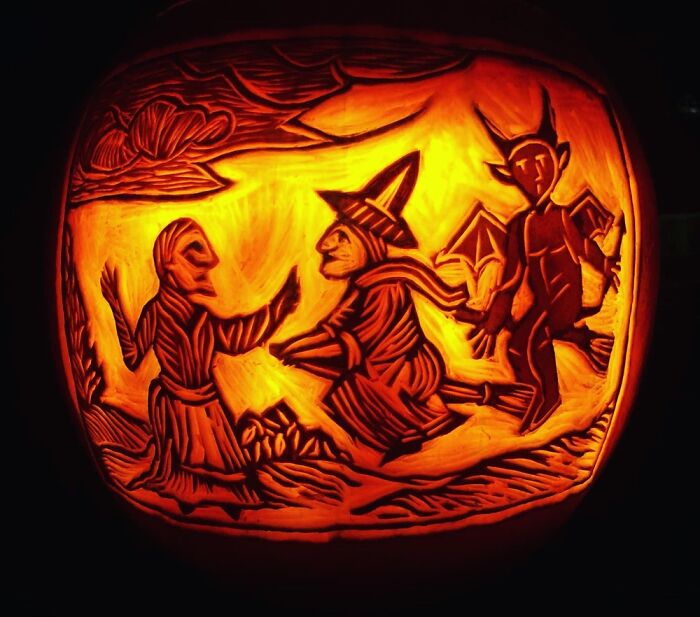 Medieval Witch Woodcut Print Carving