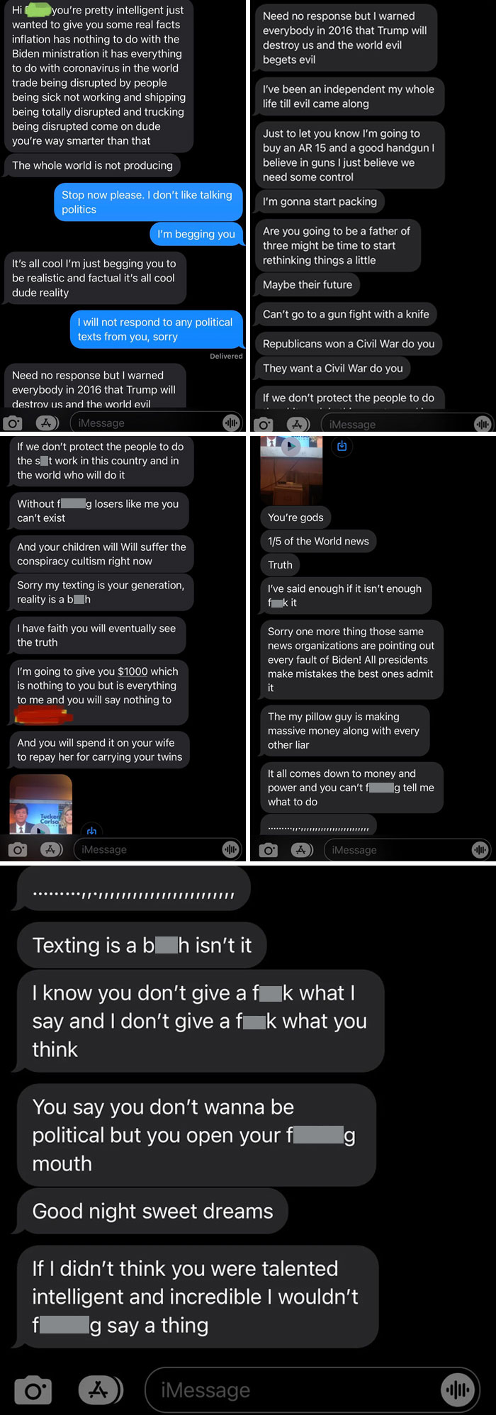 I’m Totally Middle-Of-The-Road, Non-Political And He Thinks It Means I Voted For Trump. Anyways, Here Are My Texts After A Night He Was Drinking