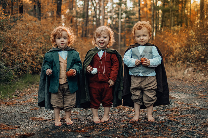 Couldn't Resist Dressing Up Our Two-Year-Old Triplets As Hobbits For Halloween (Girl, Boy, Boy)