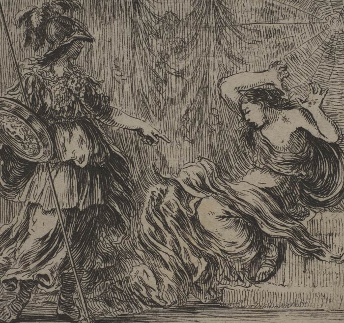 Painting of Arachne fighting with a warrior 
