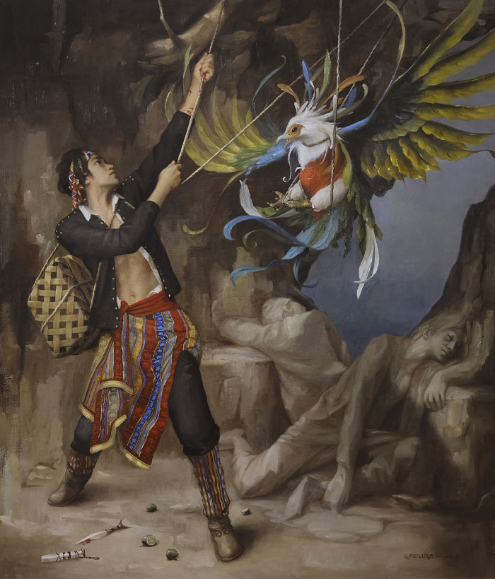 Painting of Ibong Adarna fighting with a man 