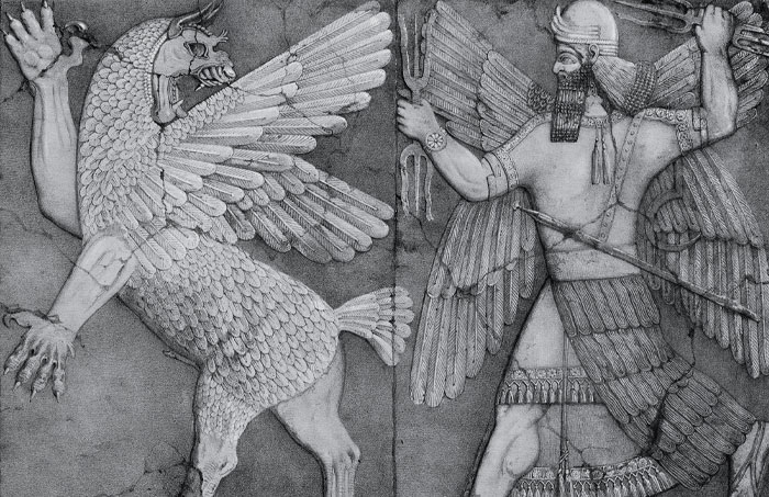 Painting of a Anzû fighting with a warrior 