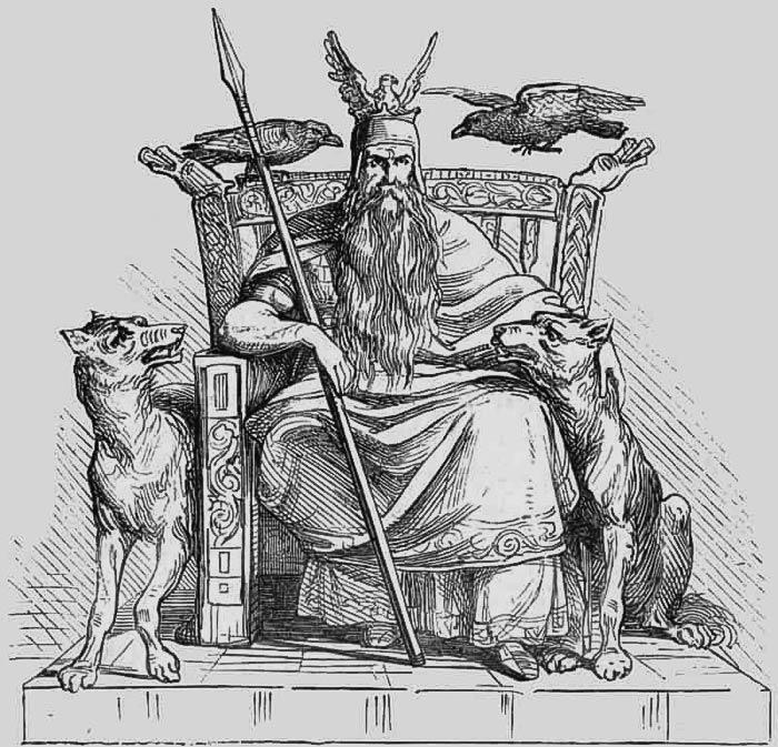 Huginn And Muninn (Odin's Ravens) sitting in a throne with dog besides him 