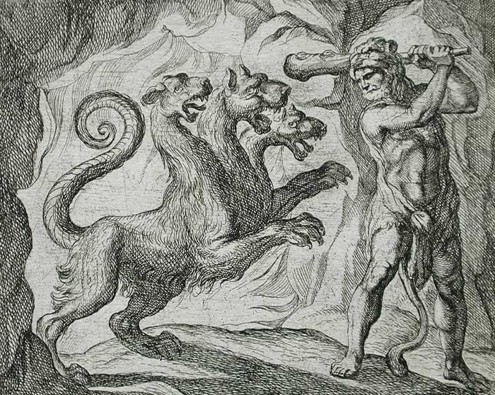 Painting of a Cerberus attacking a man with a wooden bat 