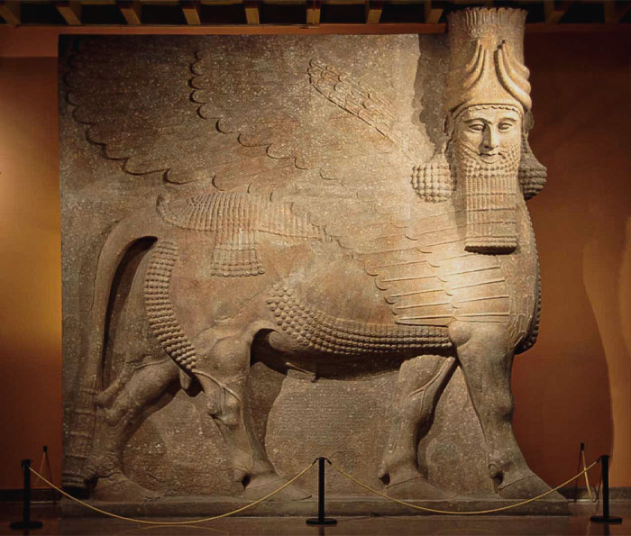 Rock statue of Lamassu in a museum 