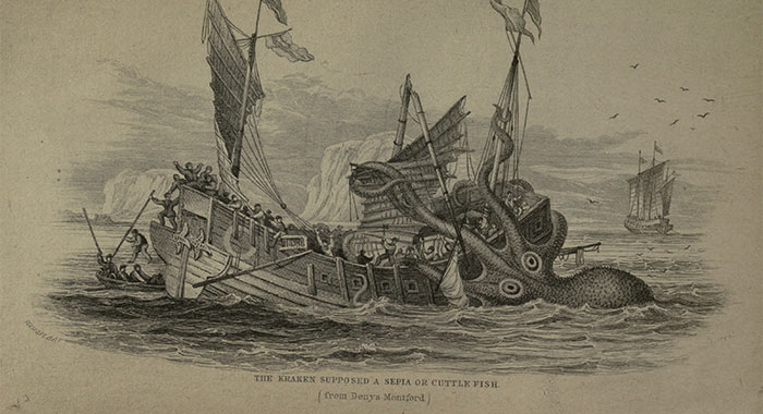 Painting of a Kraken destroying a ship in the water 