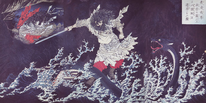 Painting of a man fighting Yamata No Orochi in the sea 