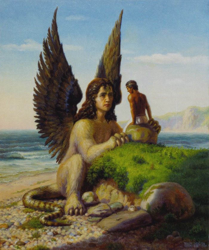 Sphinx sitting on a beach and talking with a man 