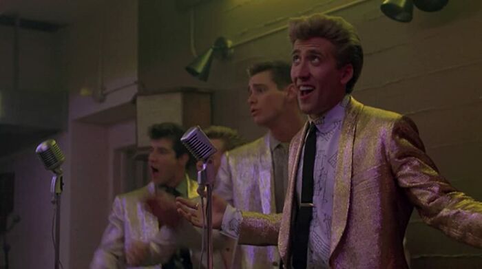 Nicolas Cage, Jim Carrey, Harry Basil, And Glenn Withrow In Peggy Sue Got Married (1986)
