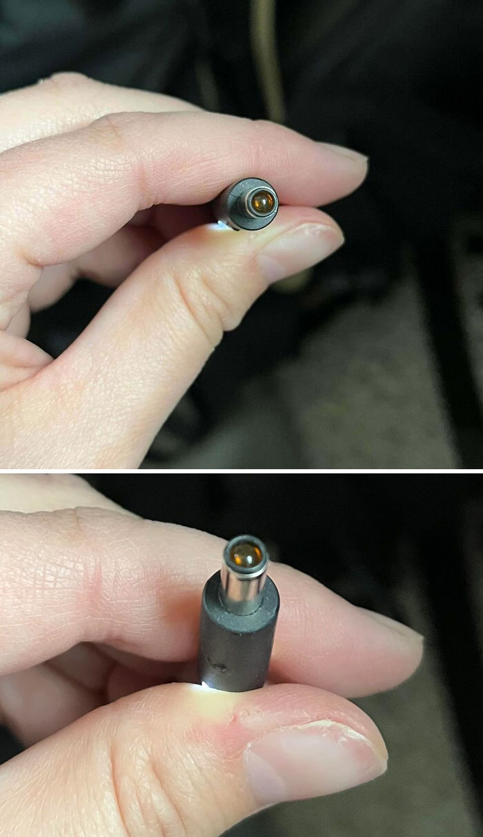 A Tiny Plastic Bead Has Somehow Wedged Into My Laptop Charger. It Is A Perfect Fit And Impossible To Remove, We’ve Tried Many Techniques