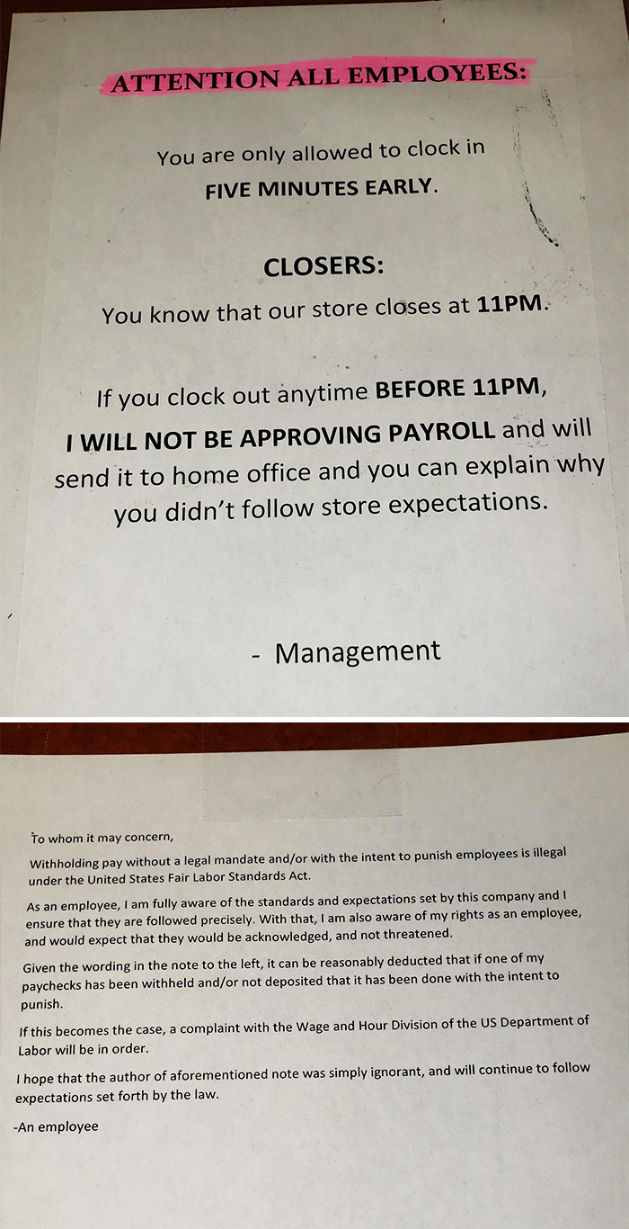 My Job Threatened To Withhold My Paycheck To Ensure No One Left Early; I Responded Accordingly