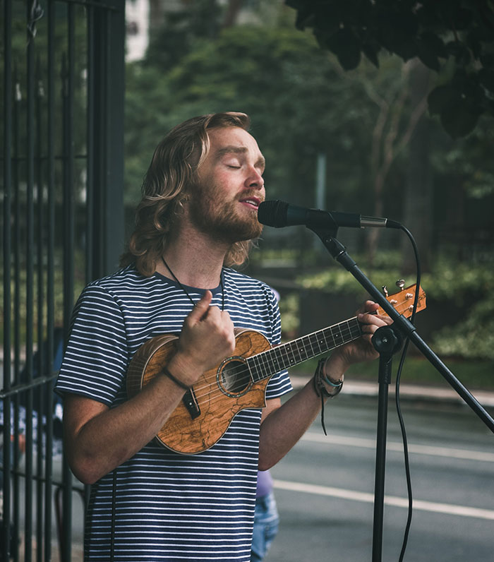 Picture of man singing and playing with guitar