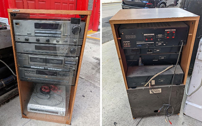 Audio Rack With Glass Door And A Lot Of Audio Equipment, All Able To Slide Out Individually