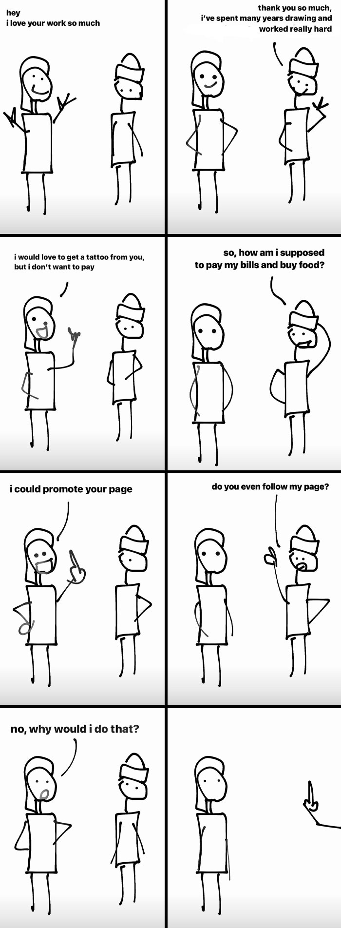 Stick figure comic about a tattoo artist dealing with a difficult customer trying to get a free tattoo.