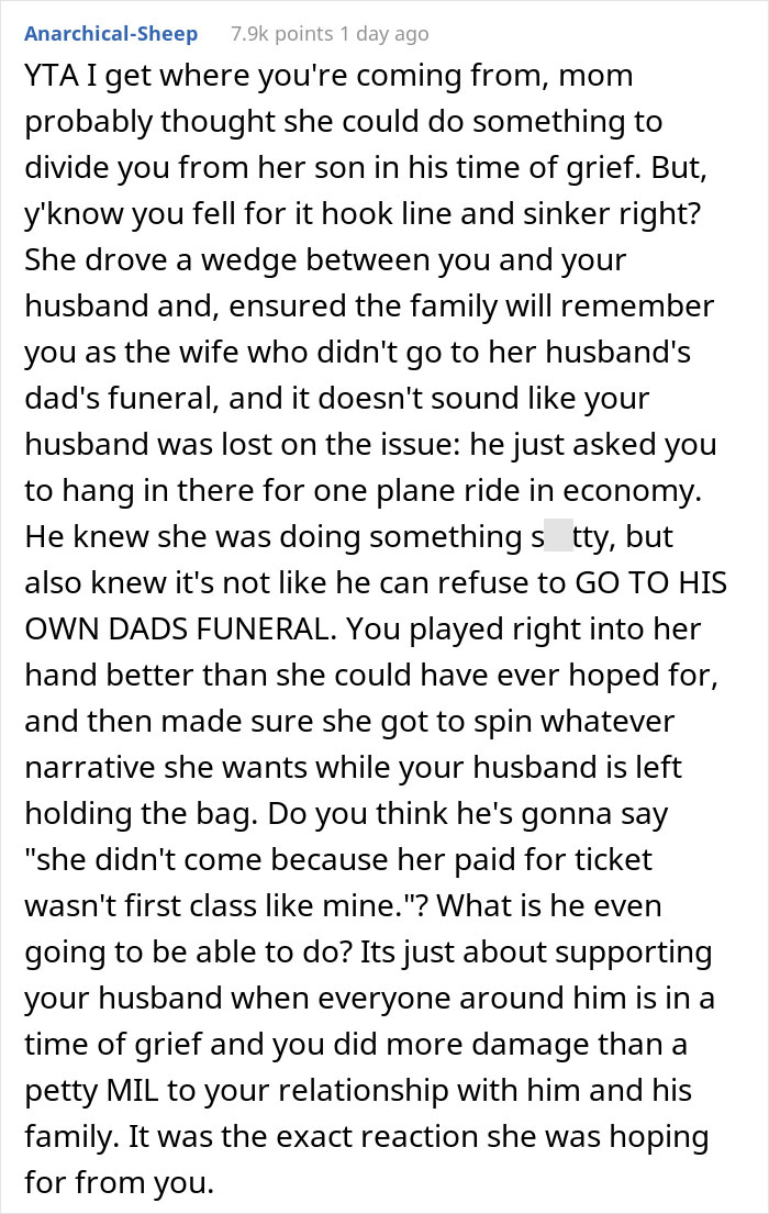 "He Was Crying The Whole Ride To The Airport": Husband Calls Wife Pathetic And Cruel After She Skipped FIL's Funeral Because MIL Bought Her An Economy Ticket "He Was Crying The Whole Ride To The Airport": Husband Calls Wife Pathetic And Cruel After She Skipped FIL's Funeral Because MIL Bought Her An Economy Ticket