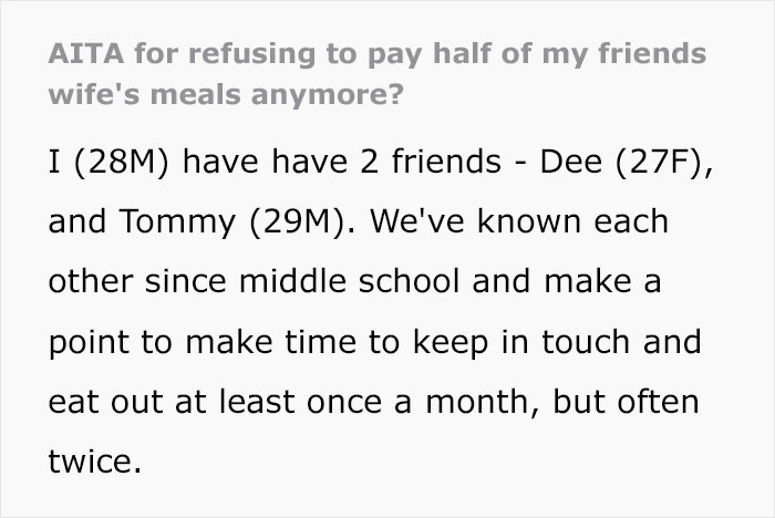 "He Was Absolutely Appalled": Guy Refuses To Pay For His Friend's Wife's Meals Anymore, Drama Ensues