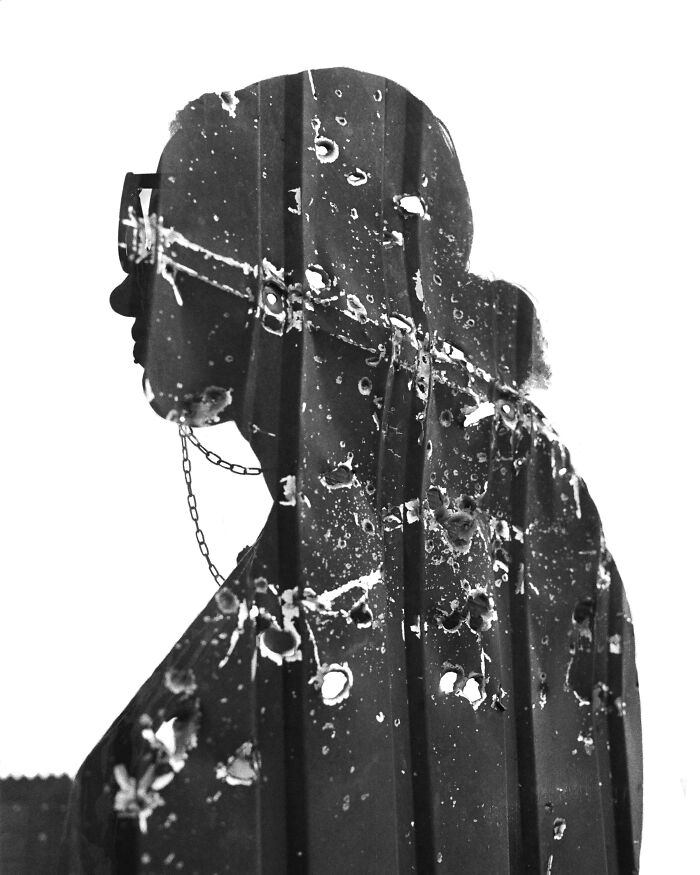 Double exposure photo of a volunteer in Ukraine by Andrii Denysenko