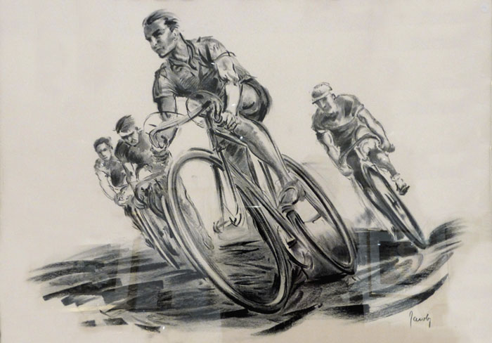 Sketch by Jean Jacoby showing four men riding bikes, illustrating curious facts about art in dynamic motion.