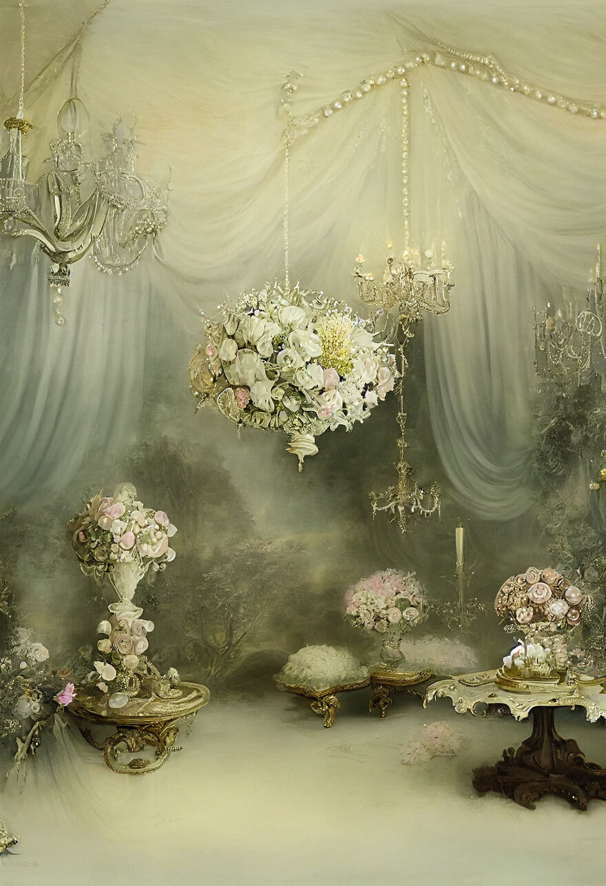 Elegant dream world scene with floral arrangements and chandeliers, showcasing AI-generated beautiful imagery and artistic decor.