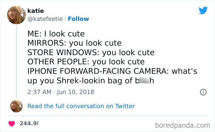 Tweet about iPhone front camera humor contrasting mirror reflections, featured among funniest tweets from women this week.