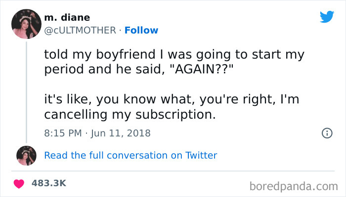 Tweet from a woman humorously discussing her period, among funniest tweets from women this week for laughs.