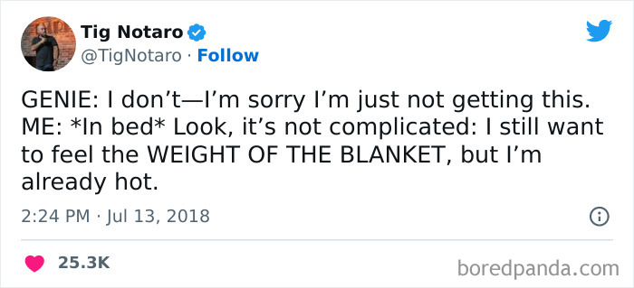 Tweet from a woman humorously explaining wanting the weight of the blanket despite already feeling hot, funny tweets from women.