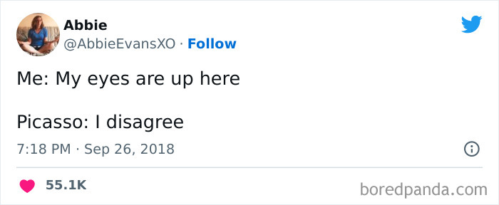 Tweet from a woman humorously mentioning Picasso in a funny tweets collection that will make you ROFL.
