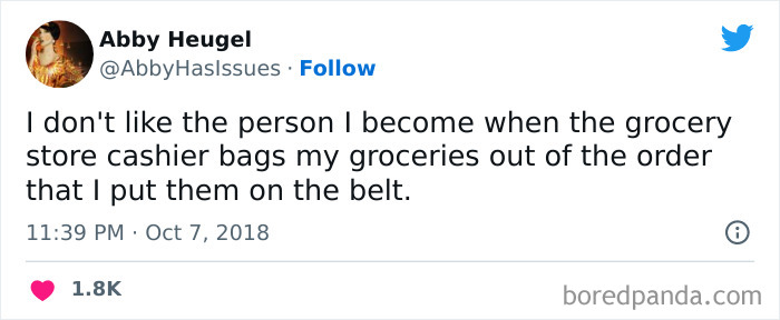 Tweet from woman humorously describing frustration with grocery store cashier bagging order, featuring funniest tweets from women.