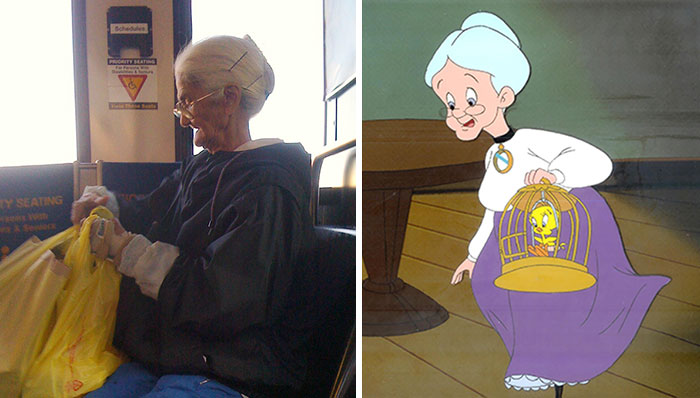 Grandma From Tweety and same looking grandma in a bus 