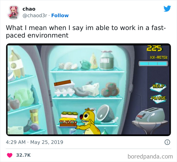 Funny tweet from a woman showing a cartoon character struggling to work in a fast-paced environment, humorous tweets humor