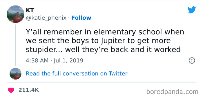 Tweet about memories from elementary school humorously recalling sending boys to Jupiter, featured in funniest tweets from women.