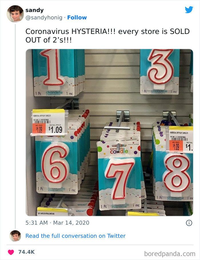 Tweet with humorous comment on coronavirus hysteria, showing sold-out birthday candles number 2 in a store – funniest tweets women.