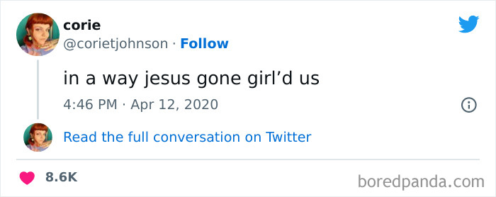 Tweet from a woman with red hair humorously referencing Jesus in a viral post generating laughter and engagement.