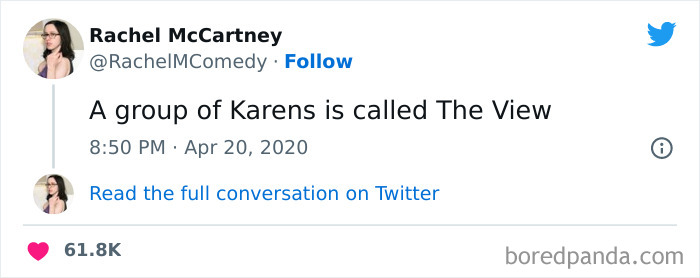 Tweet from Rachel McCartney humorously naming a group of Karens as The View, part of funniest tweets from women collection.