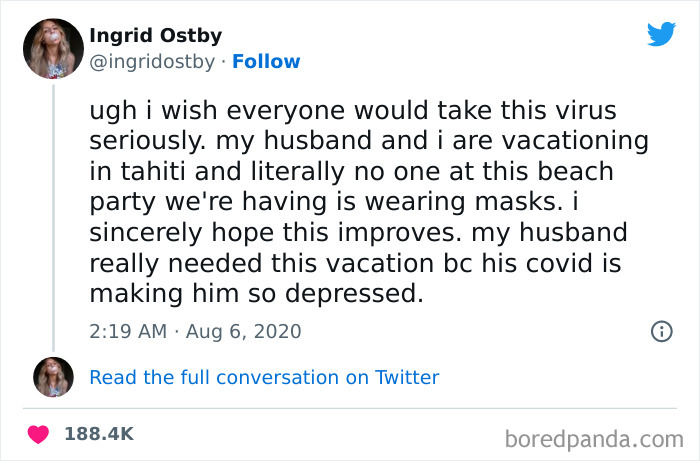 Tweet from a woman sharing a humorous yet serious message about vacation and COVID depression, part of funniest tweets.