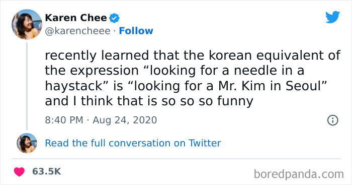 Tweet from a woman sharing a funny Korean expression, part of funniest tweets from women to make you ROFL.