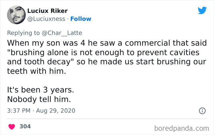 Tweet highlights a fatherhood moment: a dad shares a cute story of brushing teeth with his son for three years.