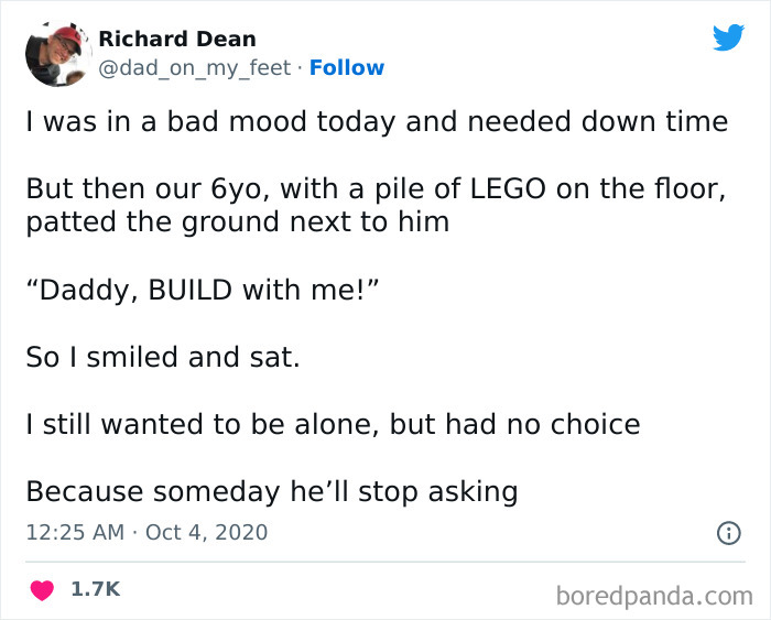 Tweet about fatherhood moments, featuring a dad building LEGO with his 6-year-old child.