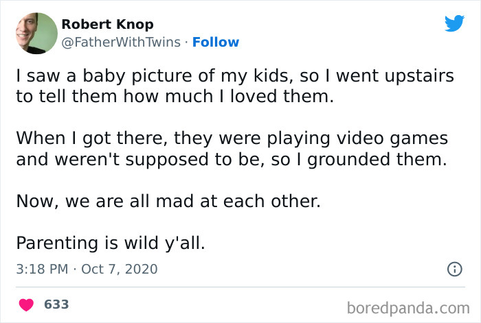 Tweet about fatherhood humor: Story of grounding kids for playing video games.