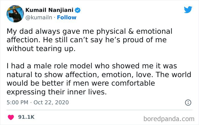 Tweet about fatherhood and emotional expression, highlighting a dad's love and role modeling affection and emotions.