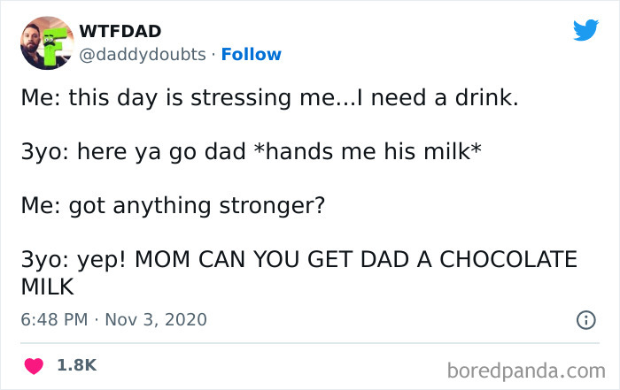 Dad humor shared by a dad, featuring a funny conversation with a 3-year-old about chocolate milk as a stress reliever.