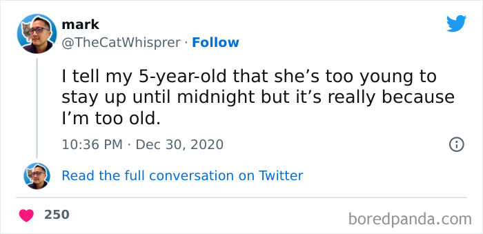 Tweet about fatherhood humor, highlighting bedtime excuses by dads.