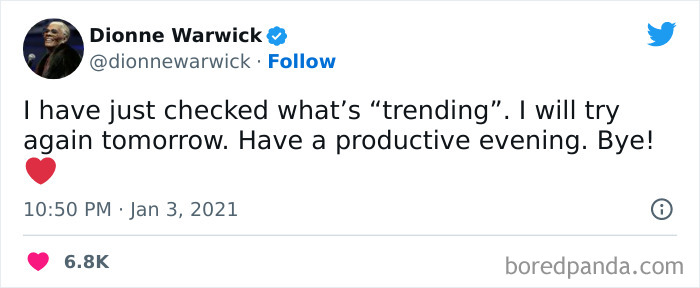 Tweet by Dionne Warwick humorously commenting on checking trending topics, part of funniest tweets from women collection.