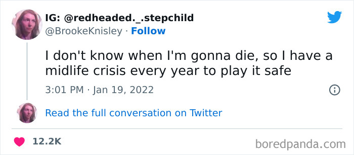 Tweet from a woman about midlife crisis humor, shared in a collection of funniest tweets from women this week.